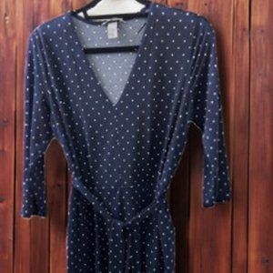 H&M Blue Pola Dot A line Dress V Neck Size S Polyster Belted 3/4th Sleeve